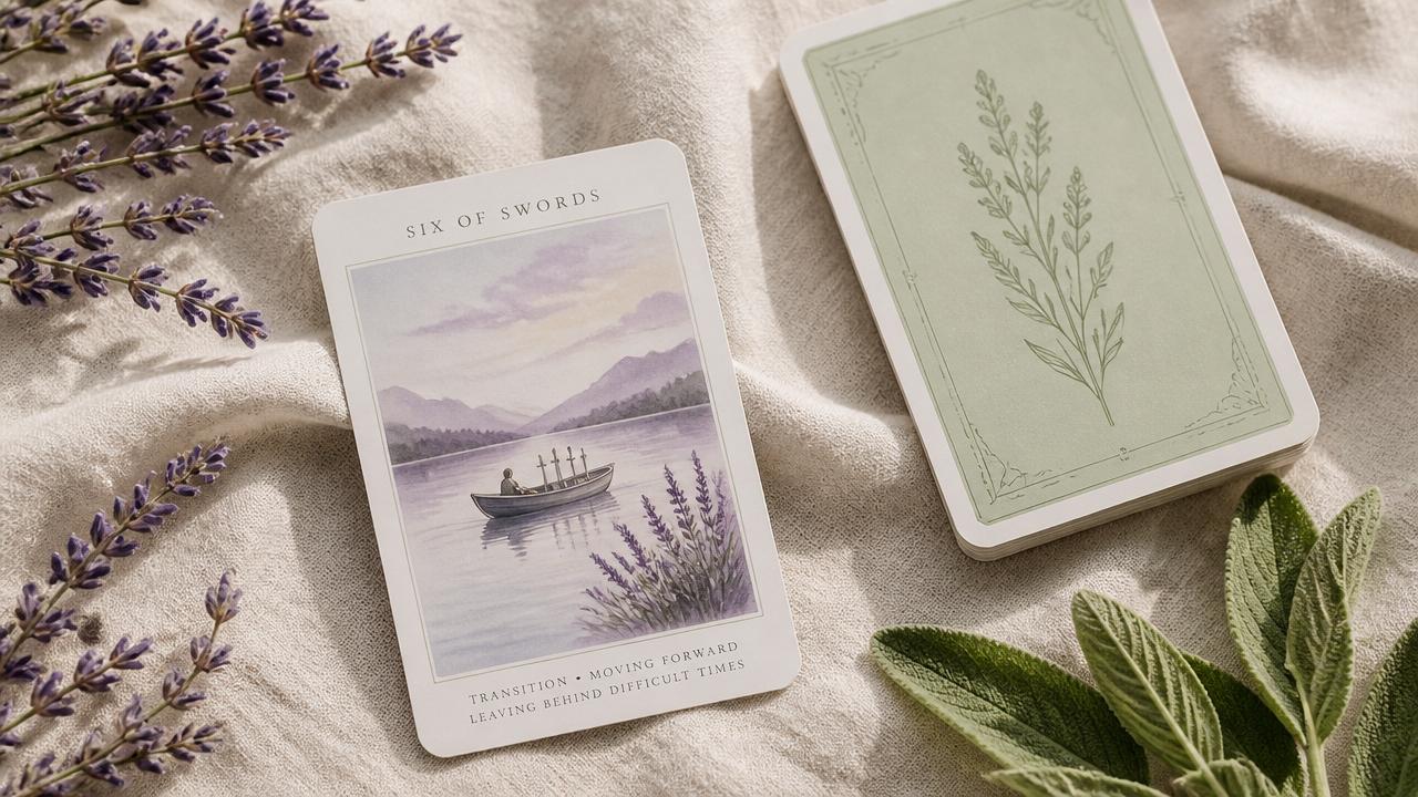 Tarot cards arranged on a calm, softly lit surface with lavender and sage accents